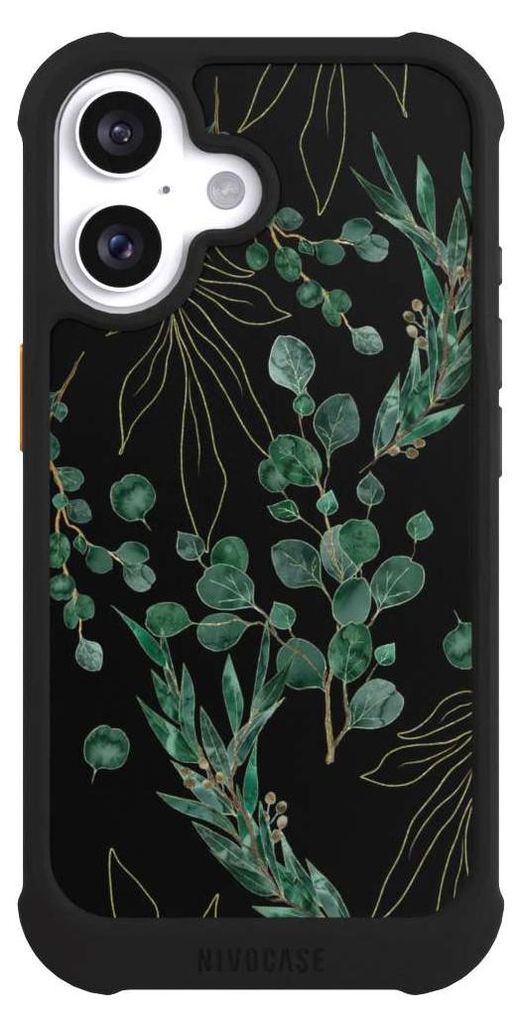 NIVOCASE Hülle für Apple iPhone 16 Stoßfeste Handyhülle NIVOmax Case Schwarz Blätter Natur Eukalyptus