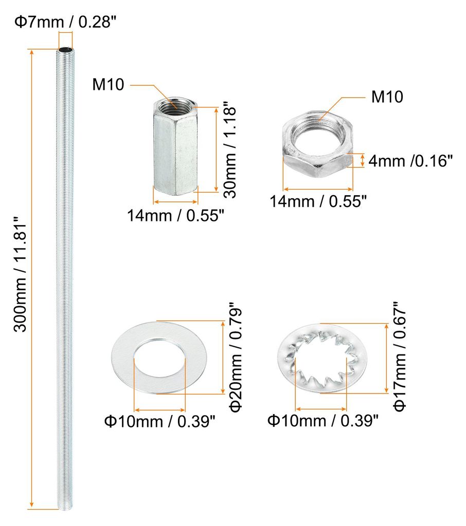 M10 Gewinde 11.81" Lampe Leitung Kit mit Schloss Muttern Unterlegscheiben Verschlš¹sse Sortiment Hardware fš¹r Kronleuchter Deckenlicht DIY Ver...