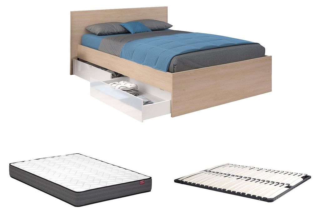 Bett mit 4 Schubladen + Lattenrost + Matratze - 140 x 190 cm - Holzfarben & glänzend Weiß - VELONA