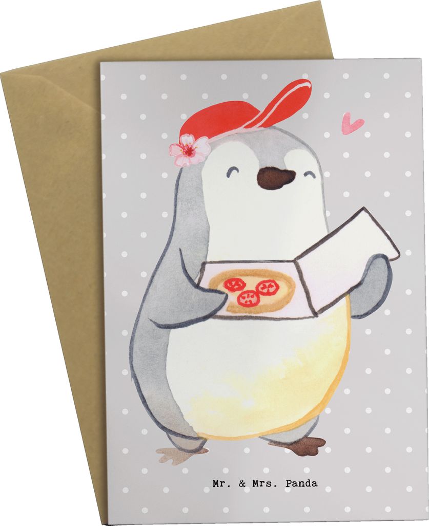 Mr. & Mrs. Panda Glückwunschkarte Pizzabäckerin Herz - Grau Pastell - Geschenk, Pizza Backen, osterkarten, Lieferbringdienst, hochzeitskarten, Pi...