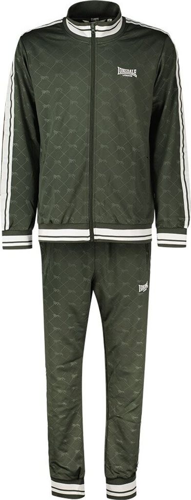 A full view of a green tracksuit with white stripes on the sleeves and trim.