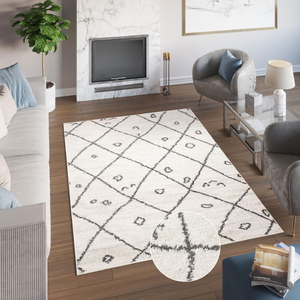 Teppich Wohnzimmer Schlafzimmer Modern Design Shaggy Hochflor Langflor Grau Creme 60 x 100 cm