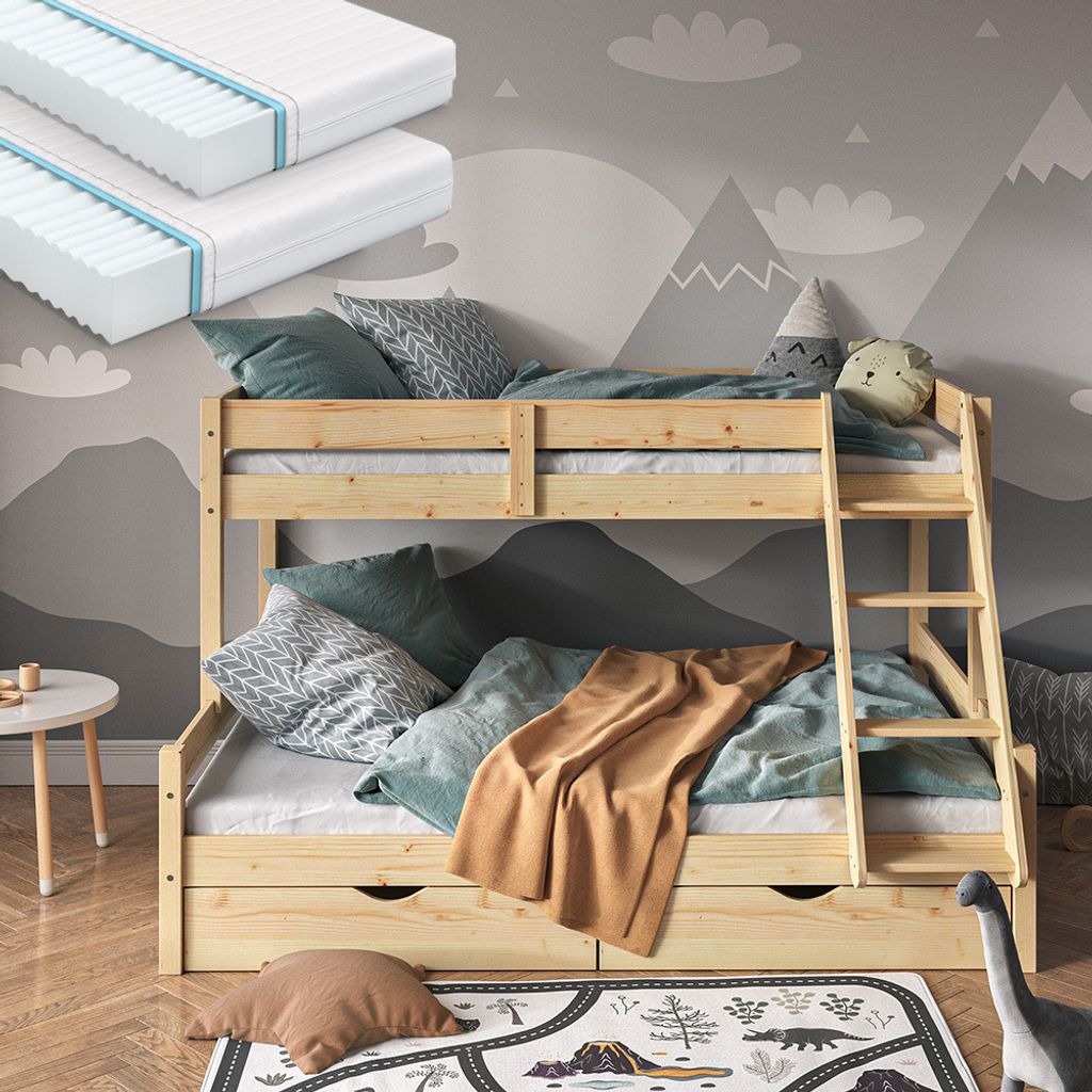 Etagenbett Vitalispa Everest Naturholz 140x200 / 90x200 cm mit 2 Matratzen und 2 Schubkästen, Model 39562