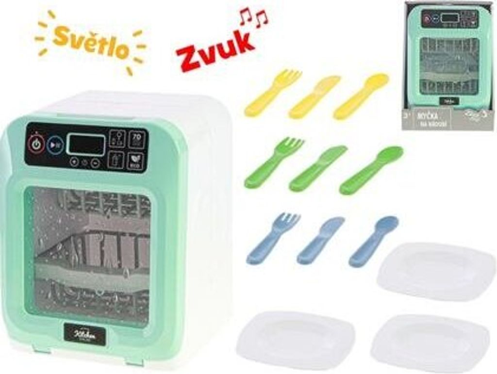 A toy dishwasher with accessories, including cutlery and plates, displayed on a white background.