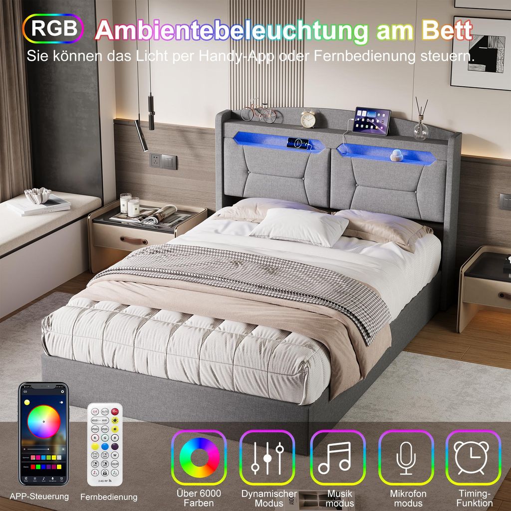 UnboxG Polsterbett 140x190cm mit USB & Typ-C, Doppelbett Jugendbett mit LED, Hydraulisches Stauraumbett Boxspringbett mit Lattenrost, Leinen Grau