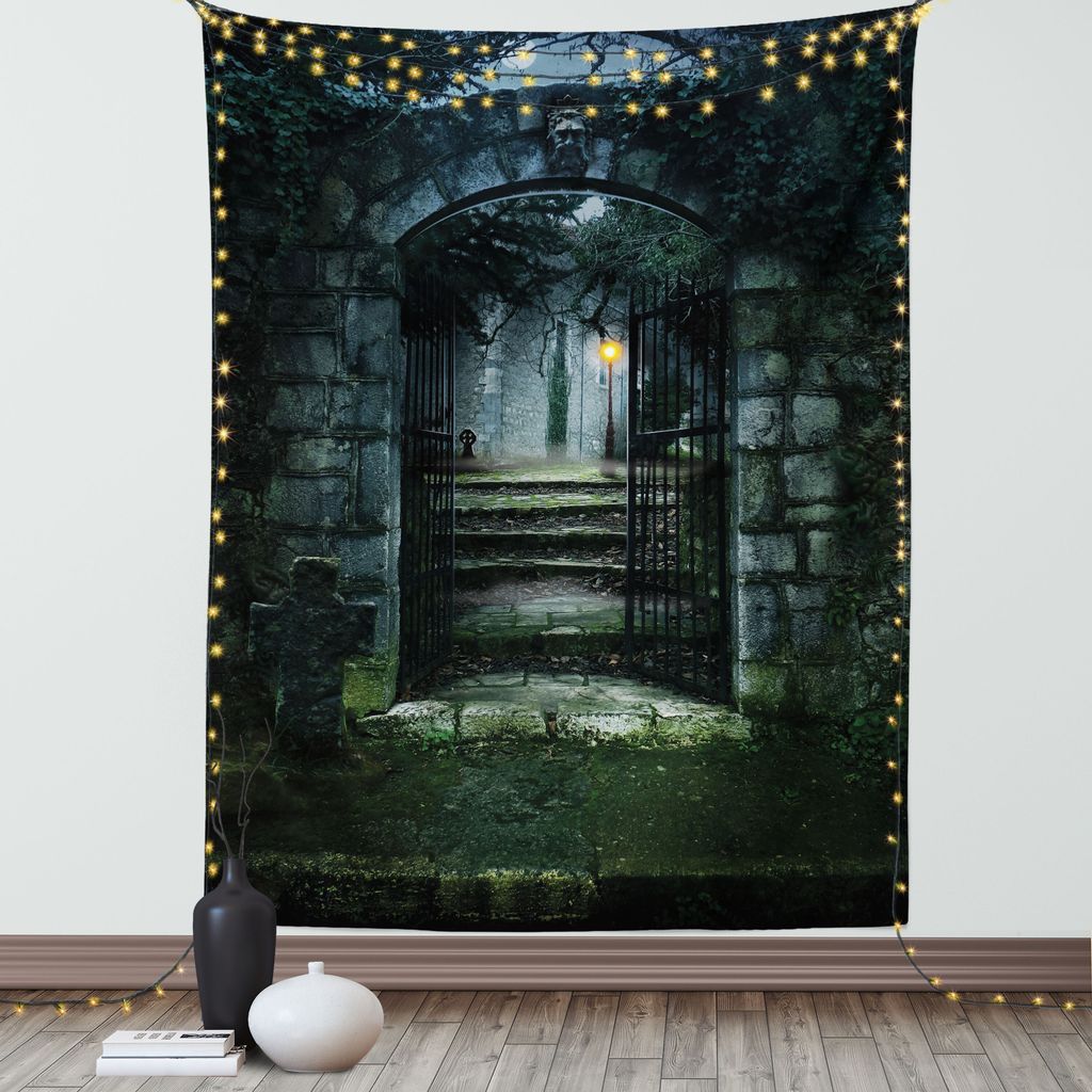 ABAKUHAUS gotisch Wandteppich, Bild des Tors eines dunklen Geisterhaus Friedhofs Mystik Gehemnisvoll Illustration, Wohnzimmer Schlafzimmer Seidiger...