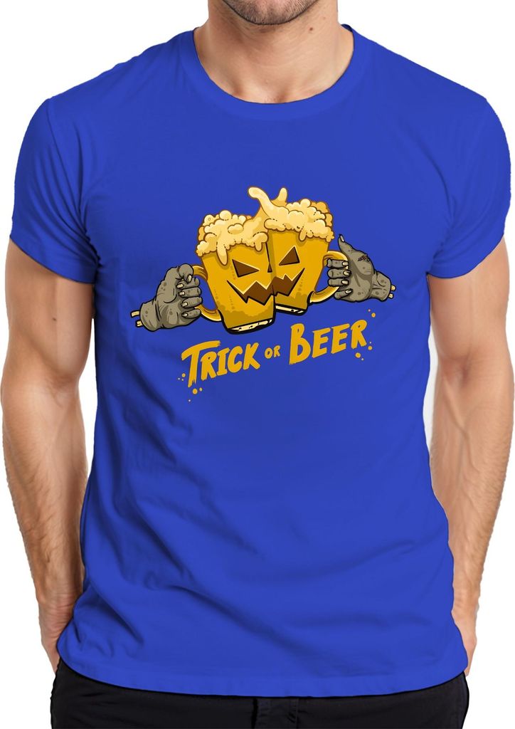 Trick or Beer Halloween Bier Kürbis Zombie Hände Prost Lustig Herren T-Shirt, Blau, M