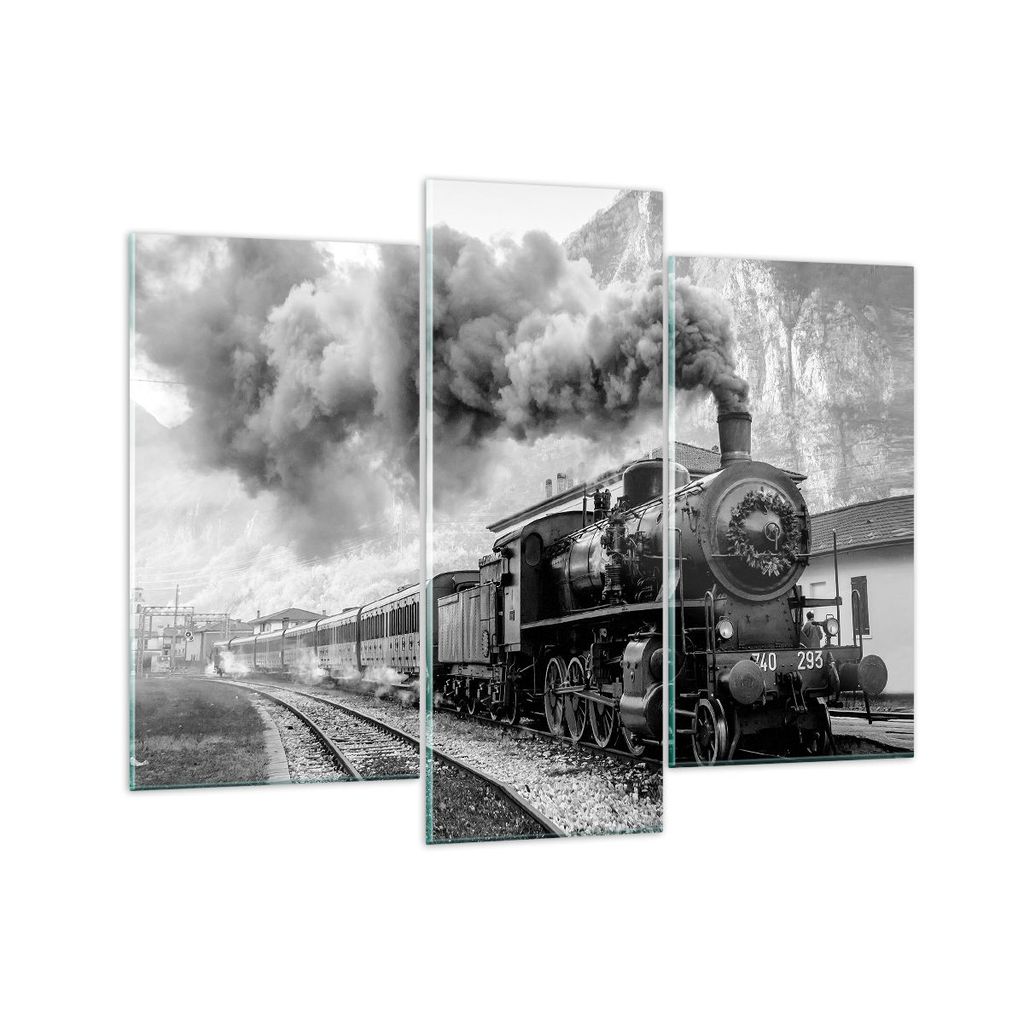 Bilder auf glas - 3 Teile - Zug Schwarzweiß Rauch - 130x100cm - Glasbilder - Wandbilder - Bilder - zum Aufhängen bereit - Wanddekoration aus Glas...