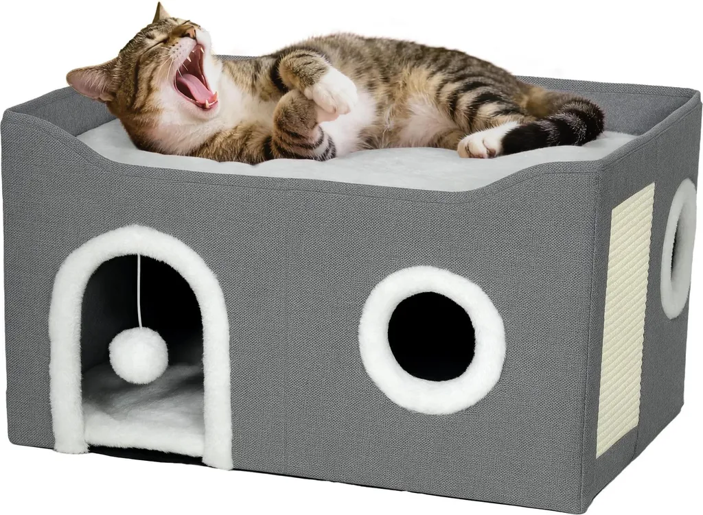 Abri pour chats multifonction avec griffoir et lit douillet pour repos