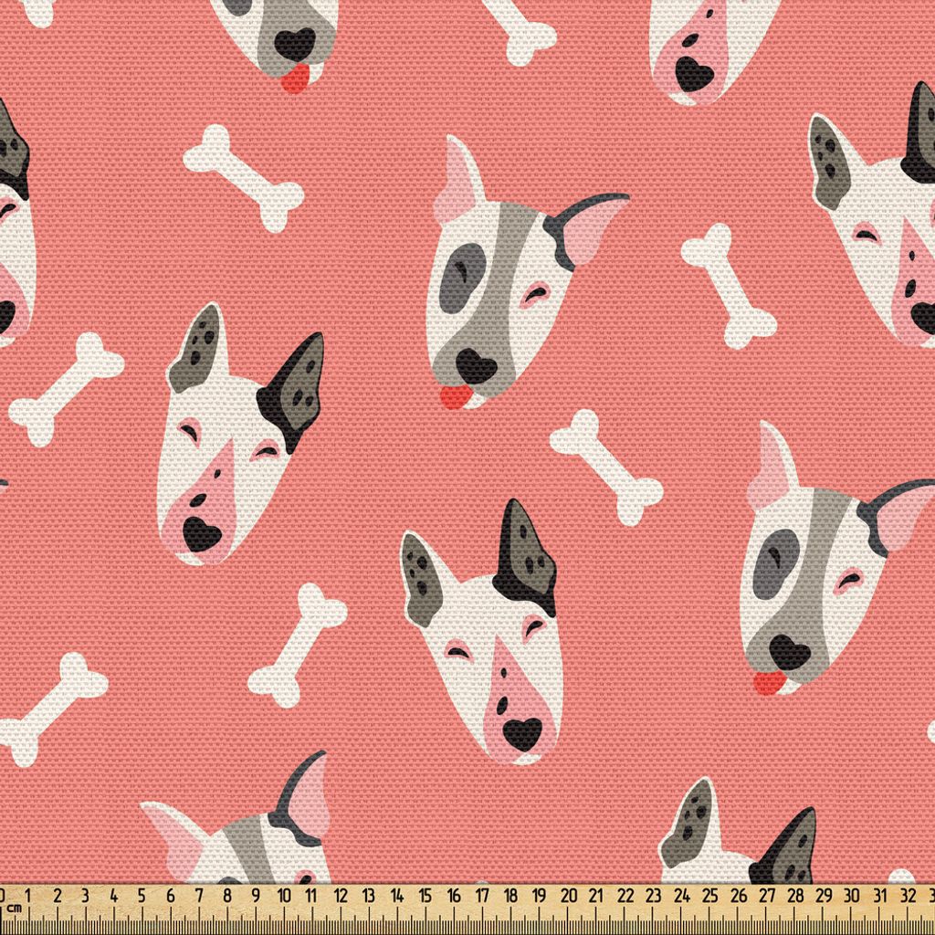 ABAKUHAUS Hunde Gewebe als Meterware, Verspielt Bull Terrier Hund Gesichter Kinder Cartoon Illustration mit Knochen, 1 M (148 x 100 cm), Korallenro...