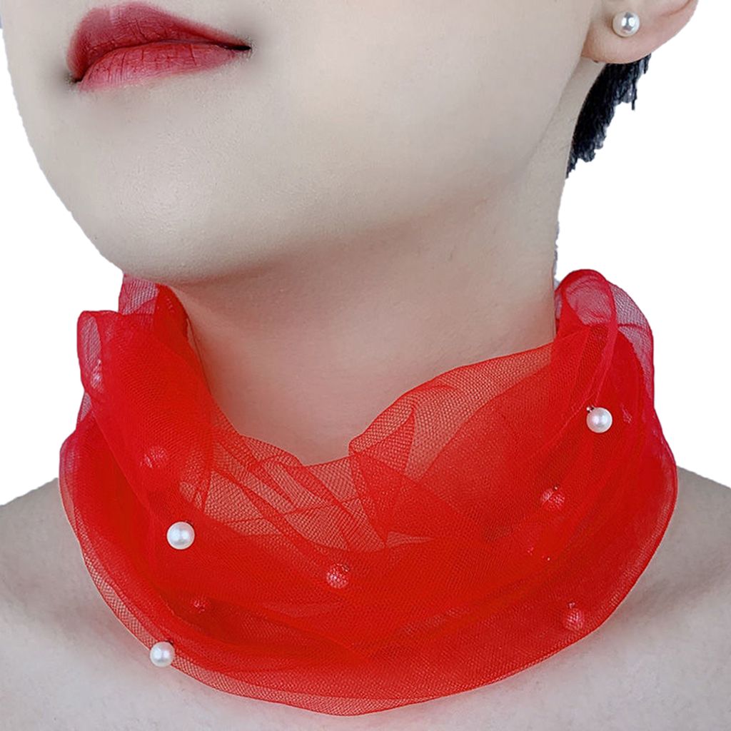 Einfarbiger Halskragen mit Kunstperlendekor, elastischer Organza-Spitzenschal, eleganter multifunktionaler elastischer Halswickel