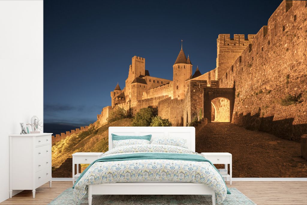 MuchoWow Fototapete für Wohnzimmer oder Schlafzimmer Wandtapete Vinyl Motivtapete Carcassonne - Schloss - Nacht - 390x260 cm - Papiertapete
