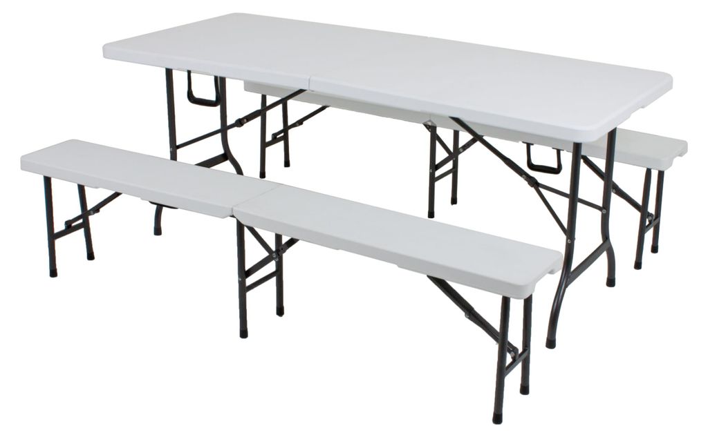 Bierzeltgarnitur RITA 3-teilig Tisch & 2x Bank Weiß Kunststoff | Buffettisch Gartengarnitur Klapptisch Klappbank Gartentisch