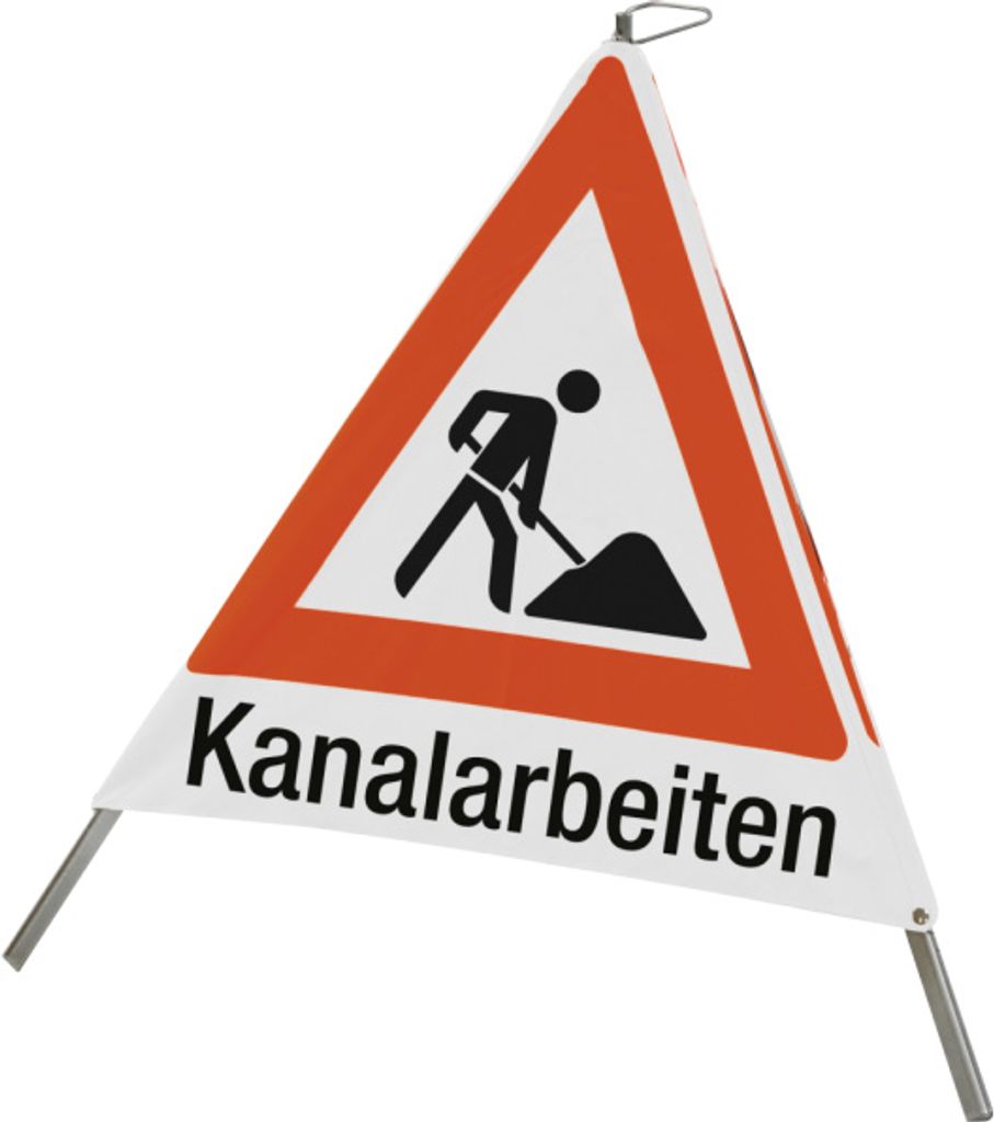Faltsignal mit Symbol Baustelle und Text "Kanalarbeiten", 700 mm Seitenlänge
