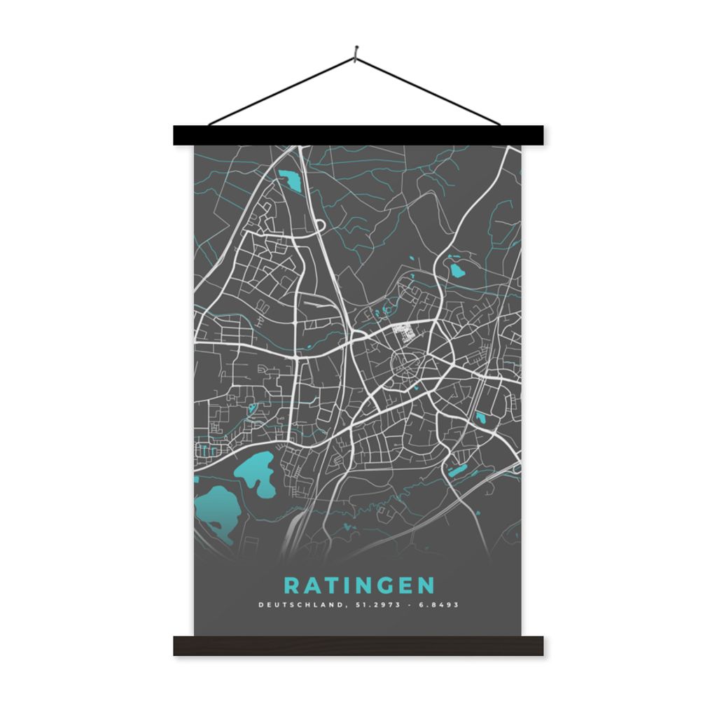 MuchoWow Textilposter Blau - Deutschland - Karte - Stadtplan - Ratingen 40x60 cm mit schwarzem Rahmen - Wanddekorationen