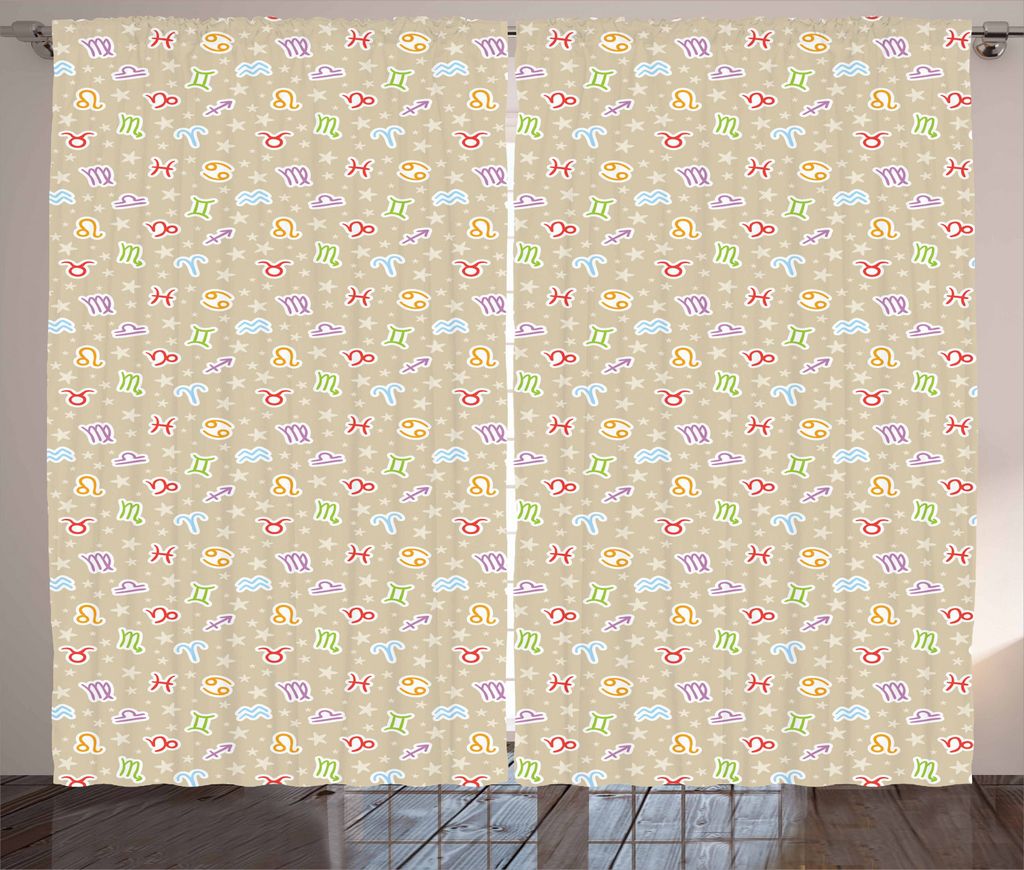 ABAKUHAUS Astrologie Rustikaler Gardine, Bunte Doodle Zeichen, Schlafzimmer Kräuselband Vorhang mit Schlaufen und Haken, 280 x 225 cm, Mehrfarbig Tan