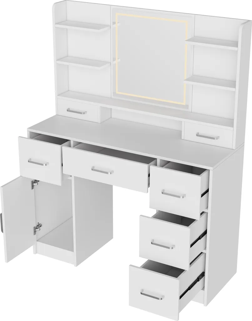Coiffeuse Blanche pour Chambre avec Prises Intégrées et Miroir LED 3 Tons - 7