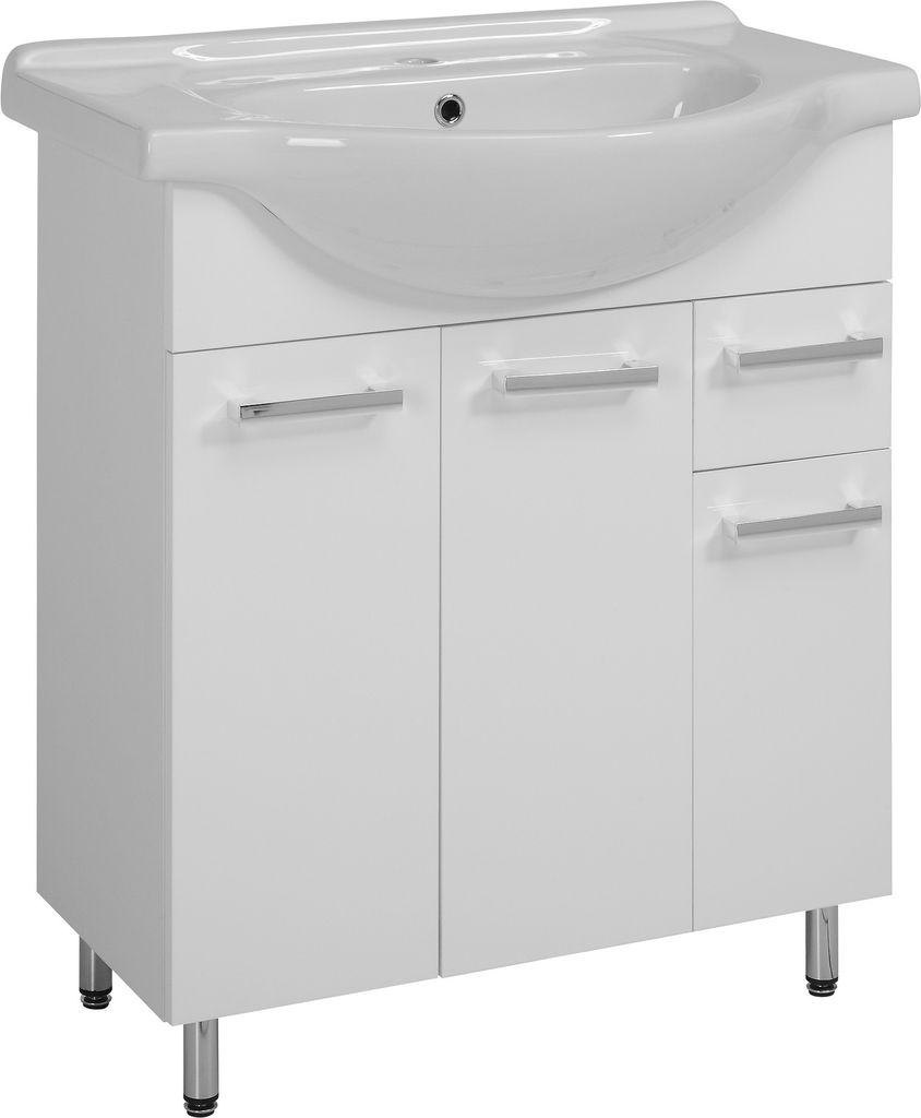 A white bathroom vanity with a ceramic sink.