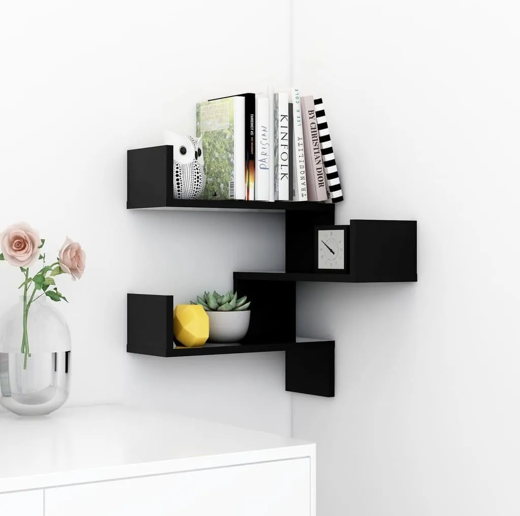 Étagère murale d'angle noire 40x40x50 cm, design bois composite solide