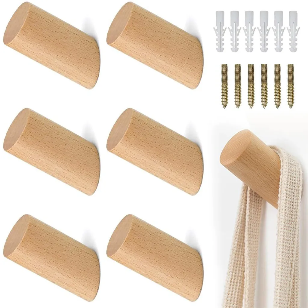 Patère Murale en Bois de Hêtre Lot de 6 Crochets Style Rustique Chic