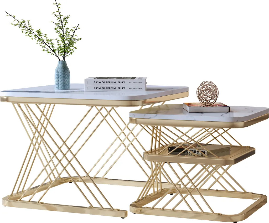 Lot de 2 Tables Basses Carrées en Marbre et Métal Doré pour le Salon