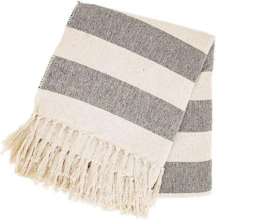 Couverture Douce Boho Streep - Textile Élégant à Pompons Gris Anthracite