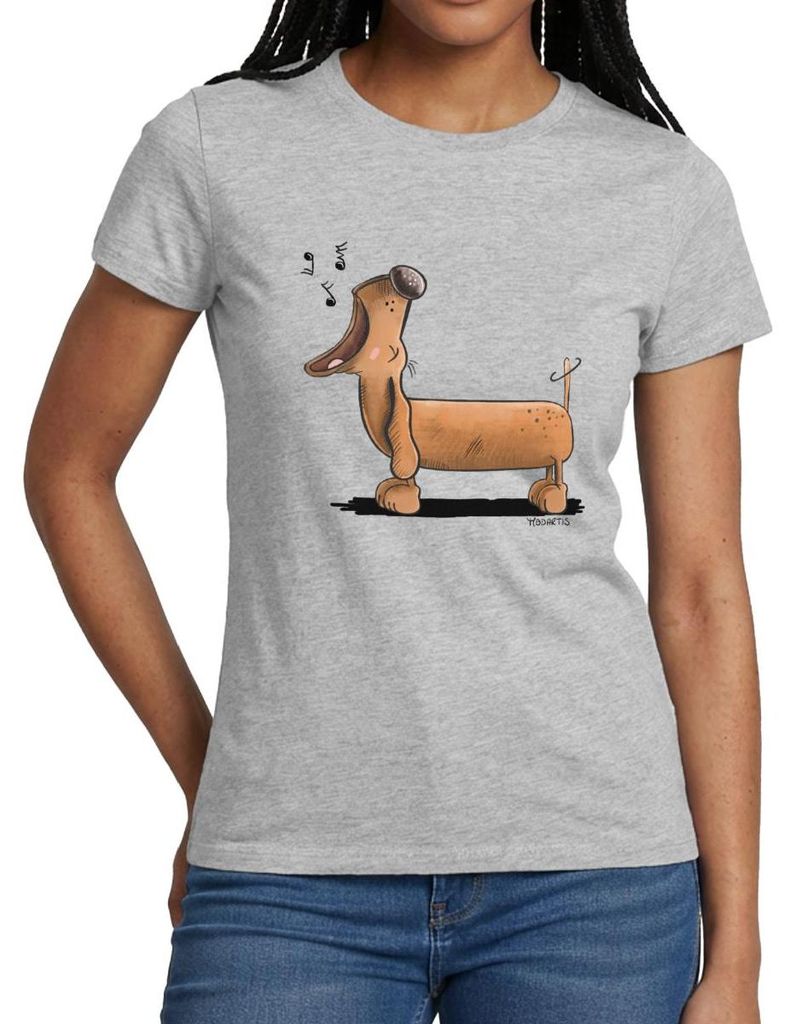 Spreadshirt Jaulender Dackel Comic Dachshund Frauen T-Shirt, M, Grau meliert
