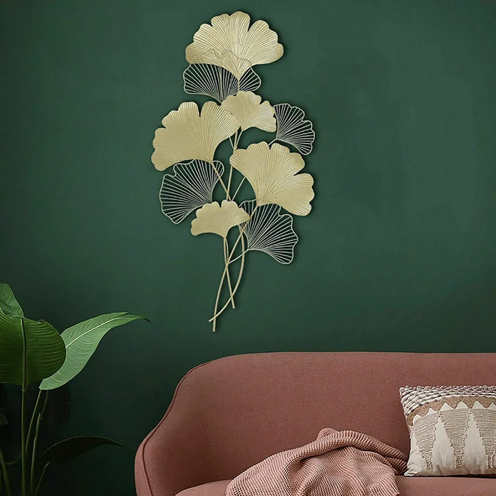 Décoration Murale 3D Moderne Ginkgo en Métal Doré - Hauteur 110 cm