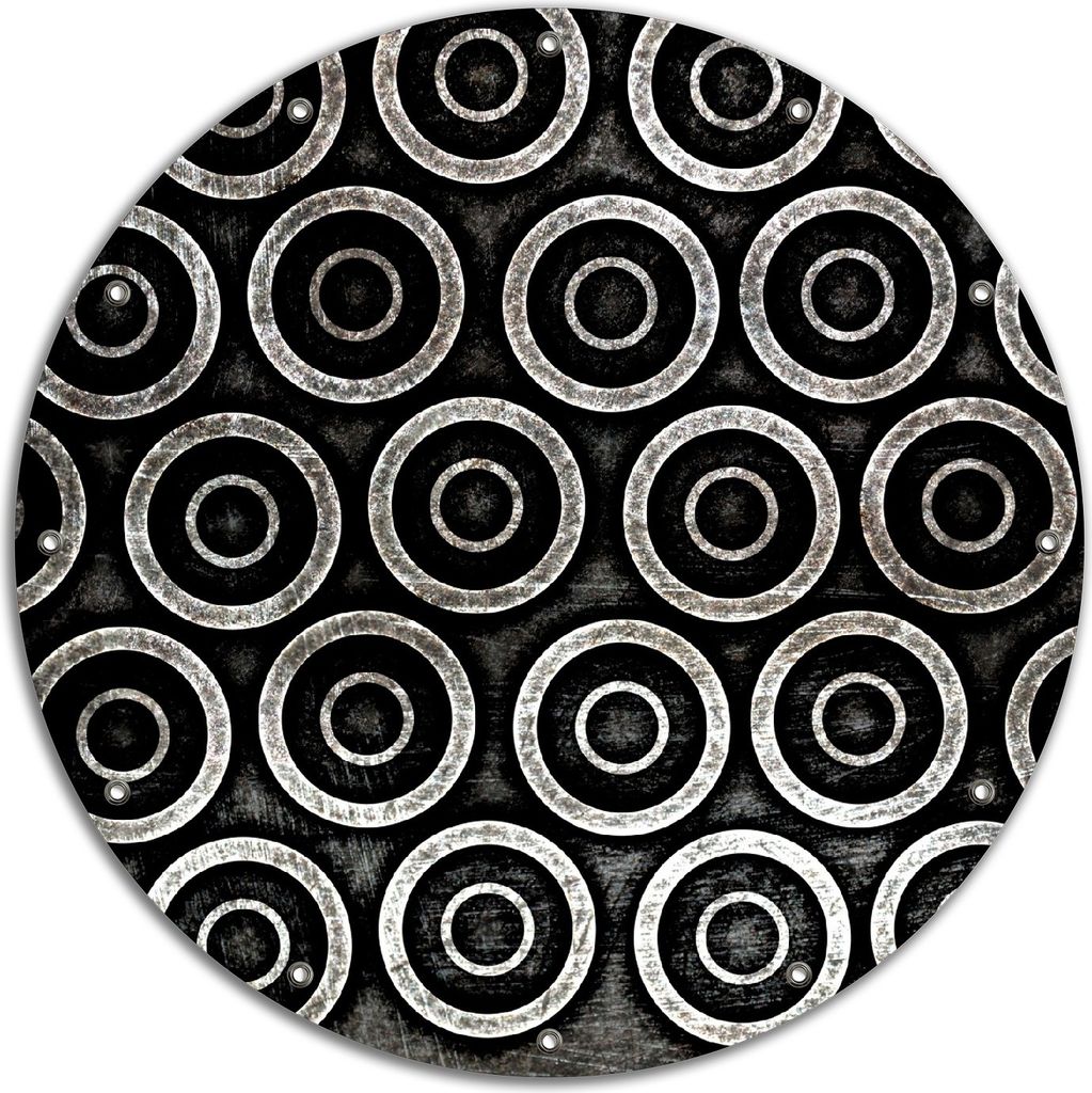 Wallario rundes Outdoor-Poster für Garten oder Balkon, Motiv Abstraktes Kreismuster in schwarz und silber, 90 cm Durchmesser