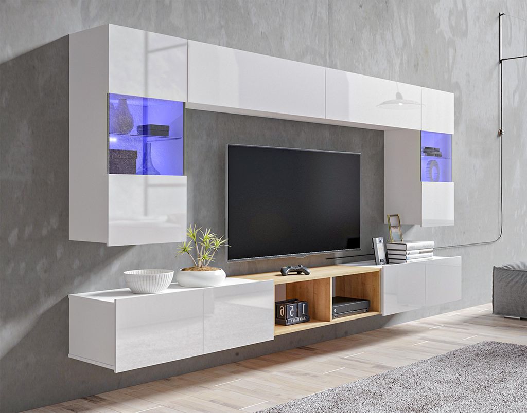 AX LIVING Wohnwand Wohnzimmer Kossana 24 – 300cm Weiß/Goldene Eiche