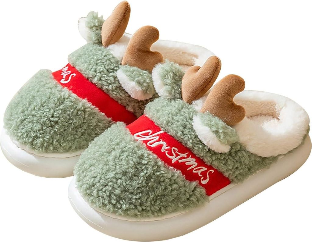 ASKSA Damen Hausschuhe Baumwolle Warme Weihnachten Pantoffeln mit Weihnachtsmotiv Pluesch Winter Warme Slipper Gefuettert Schlappen, Gruen, Groesse...