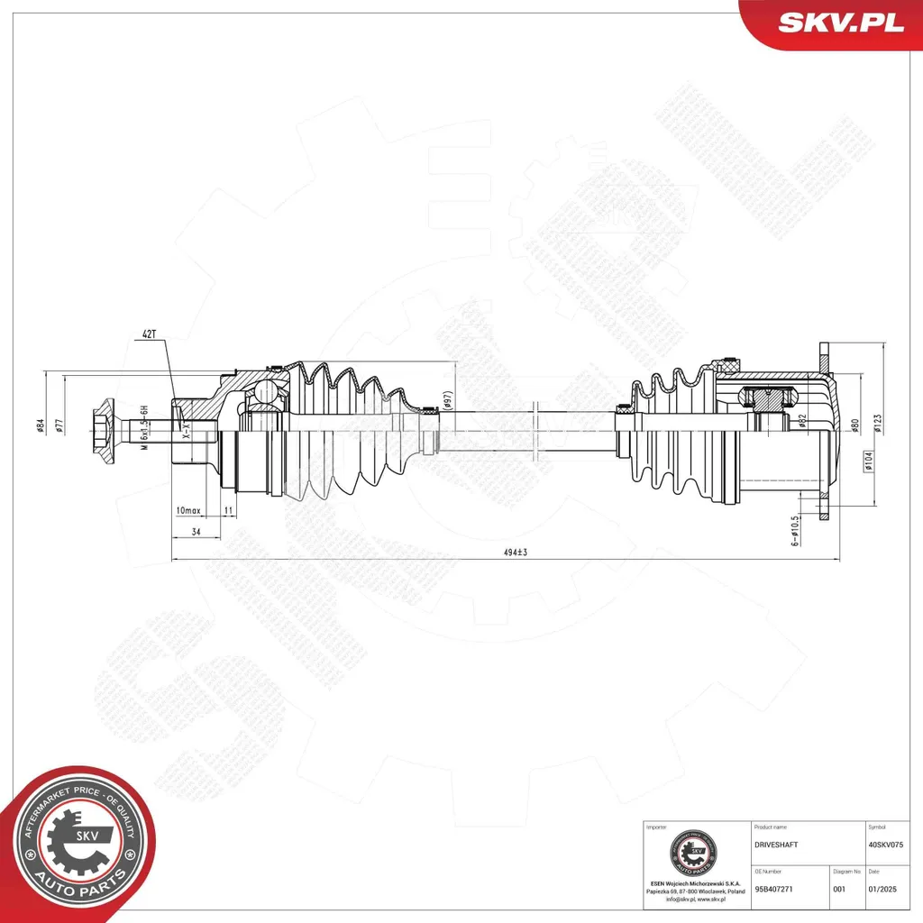 Arbre de transmission ESEN SKV 40SKV075 pour AUDI Q5 8RB et PORSCHE Macan