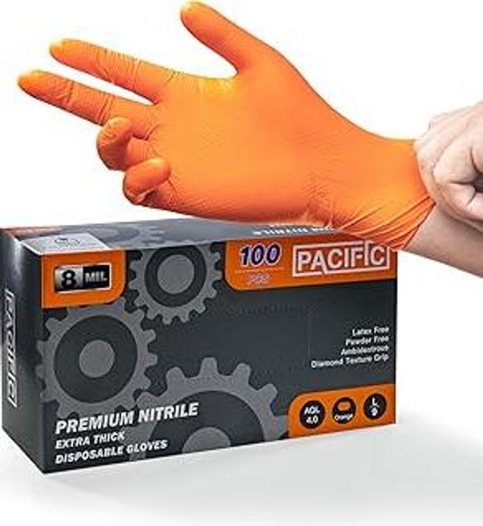 PACIFIC 8-mil Orange Nitril Einweghandschuhe, Heavy-Duty, Industriell, Mechanisch, Diamantstrukturiert, Latexfrei, Puderfrei, EN 374, L