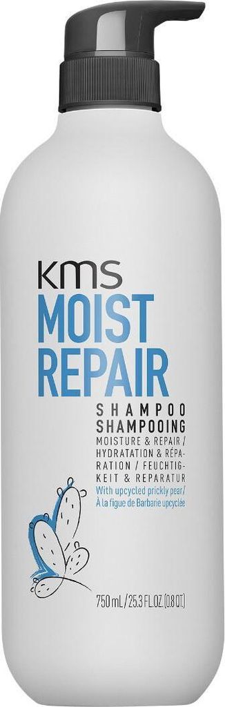 A white bottle of KMS Moist Repair Shampoo with a pump dispenser.