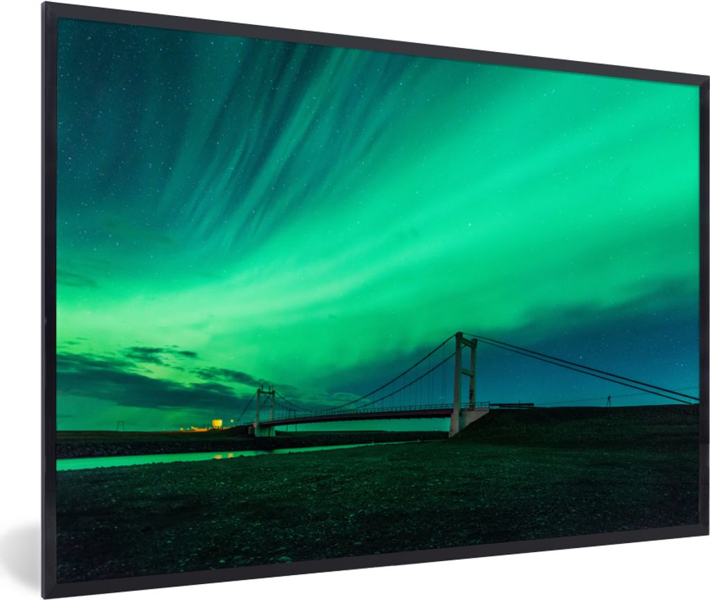 MuchoWow MuchoWow Gerahmtes Poster Nordlichter - Brücke - Island 60x40 cm - Poster mit zchwarzem Bilderrahmen - Printing - Wanddeko Schlafzimmer