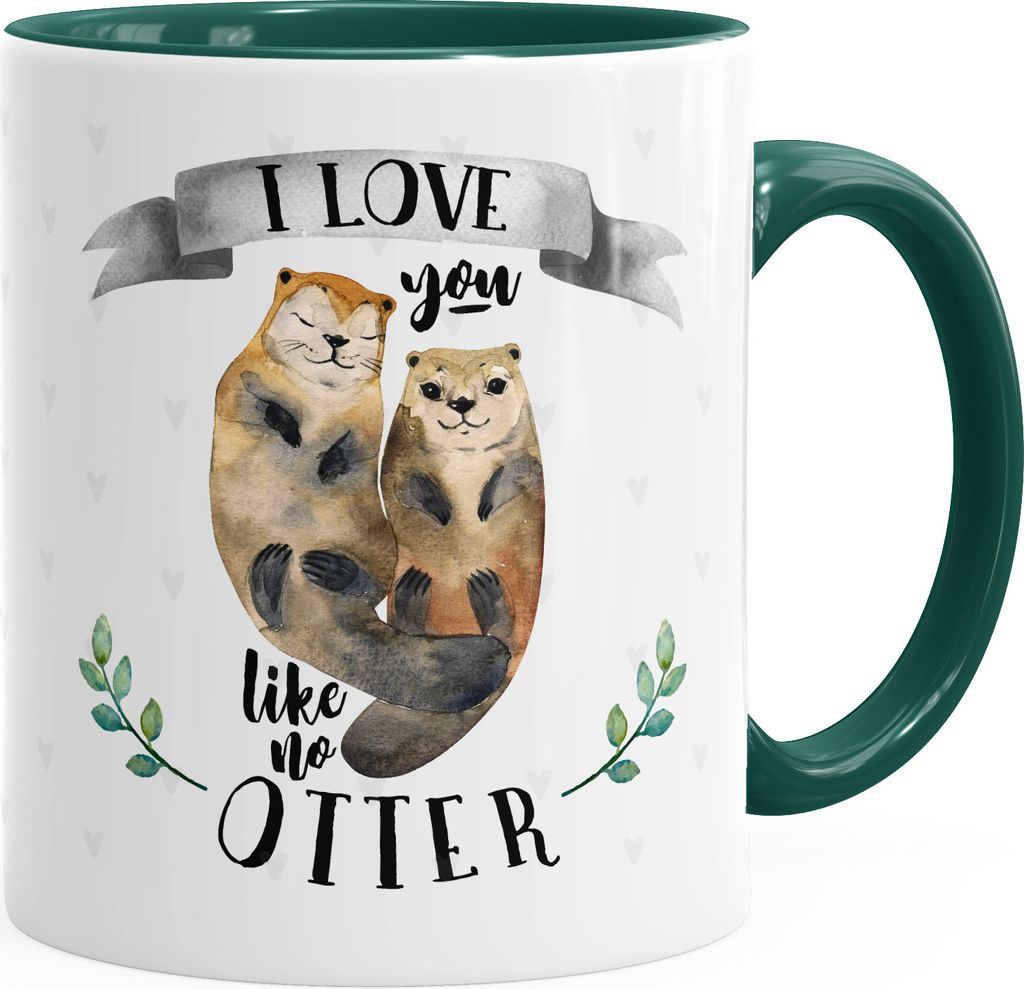 Kaffee-Tasse Otter Pärchen I love you like no otter Geschenk Liebe Spruch Kaffeetasse Teetasse Keramiktasse MoonWorks grün-grau unisize