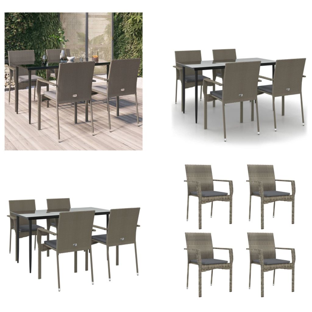 vidaXL 5 tlg. Garten Essgruppe mit Kissen Schwarz und Grau Poly Rattan - Garten Essgruppe - Garten Essgruppen - Essgruppe - Essgruppe Terrasse