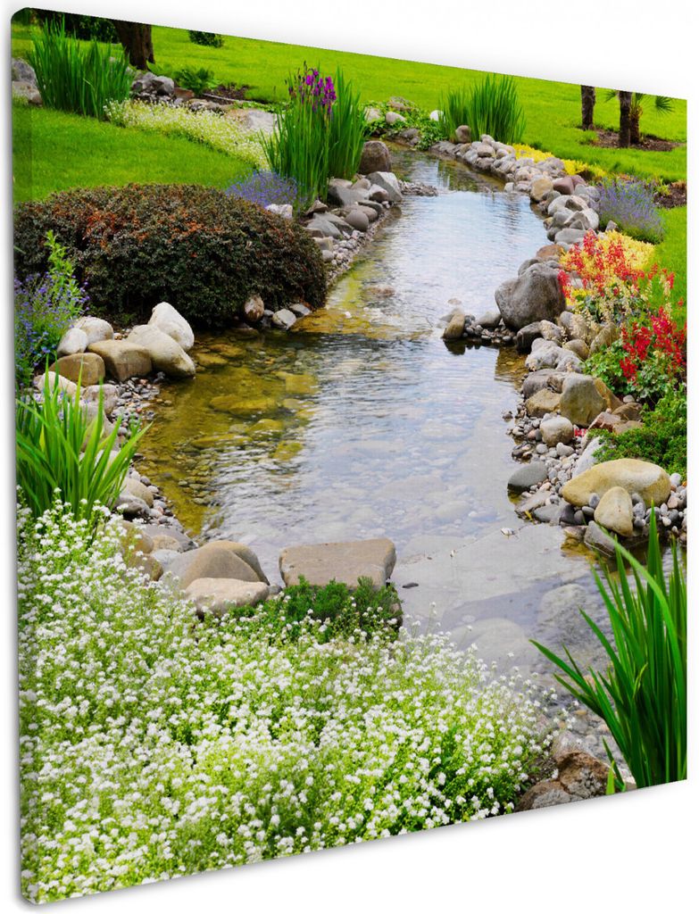 Wallario Premium Leinwandbild Blumen am Teich in Größe 50 x 50 cm