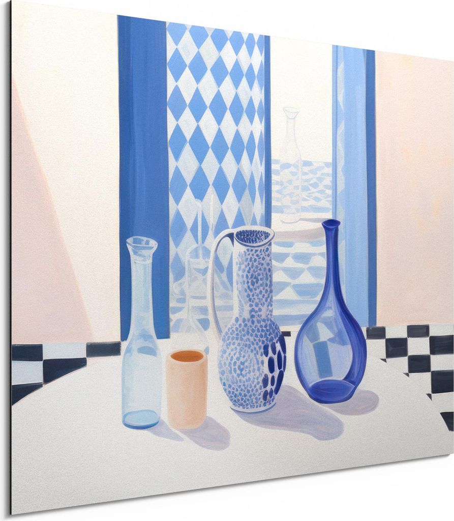 DEQORI Alu-Dibond Bild Weiß 80x60 cm 'Blaues Stillleben' Wandbild Metall dünn Design