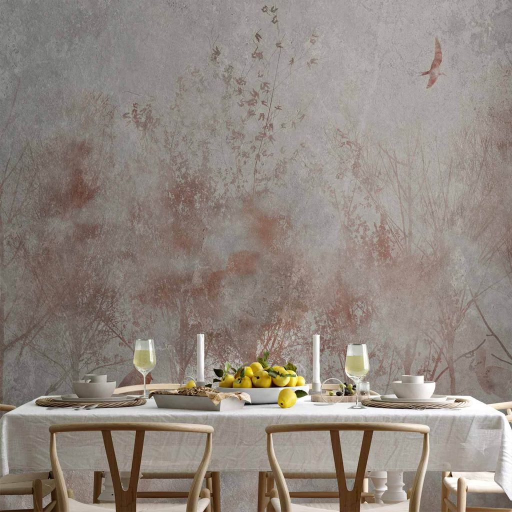 Vlies Fototapete - Autumn landscape - abstract with trees and birds on a textured background 150x105 cm Landschaften c-A-10002-a-a