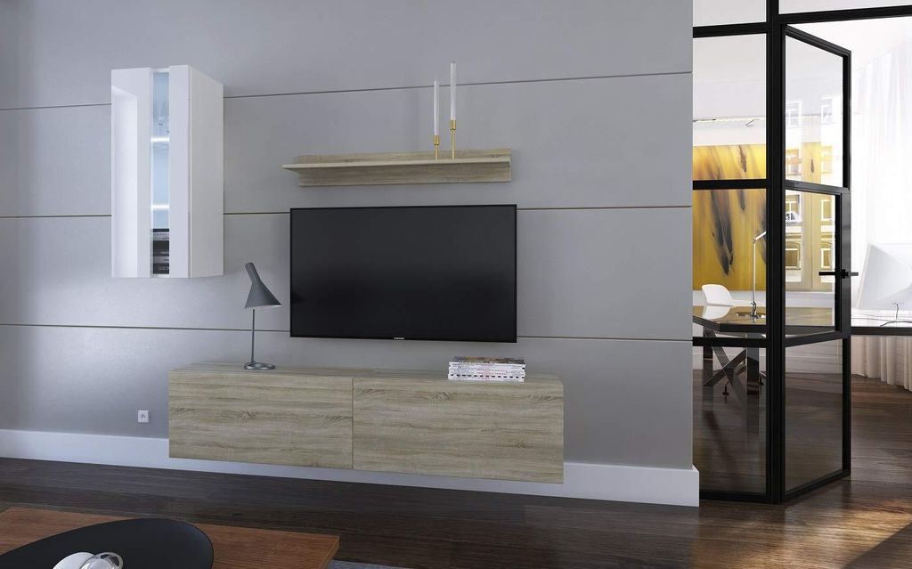 Furnitech Wohnwand Wohnzimmer - Hängend Wohnwand Modern - Regale und TV Schrank - Wohnzimmer Möbel ohne LED (Mery AN271-17SW-HGM42 1A Klein)