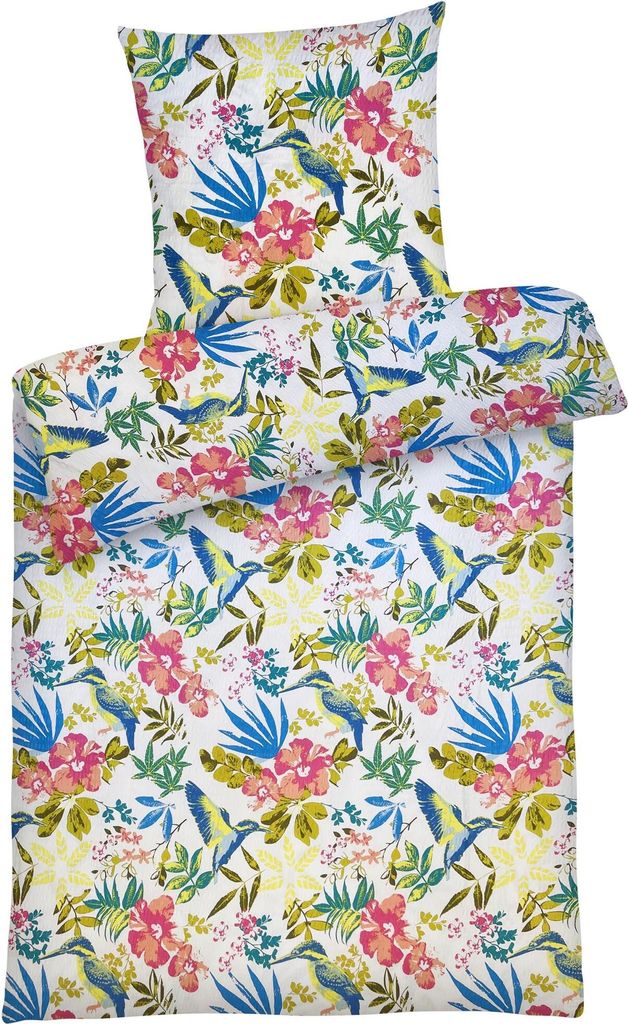 Seersucker Bettwäsche 135x200 Blumen Vogel geblümte Sommer Bettwäsche Bettbezug 135 x 200 - Bügelfrei