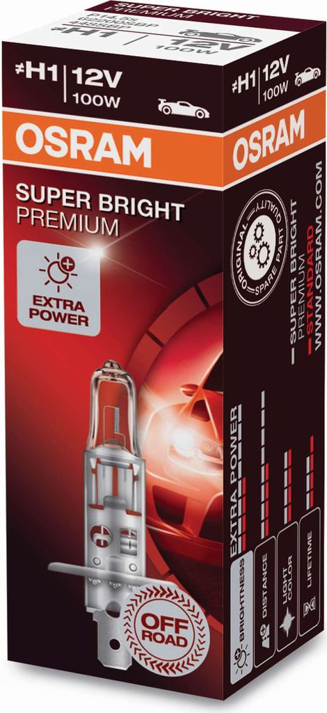 The image shows the packaging of an OSRAM H1 12V 100W Super Bright Premium headlight bulb. The packaging features a red and black design with an image of a car and the product itself.