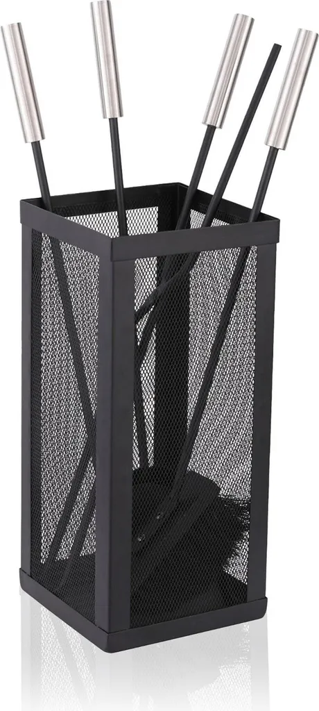 Serviteur de cheminée design inox avec balai pelle et tisonnier - 5 pièces