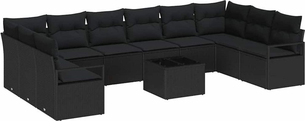 Sofa Set mit Kissen 11 pcs Schwarz Poly Rattan