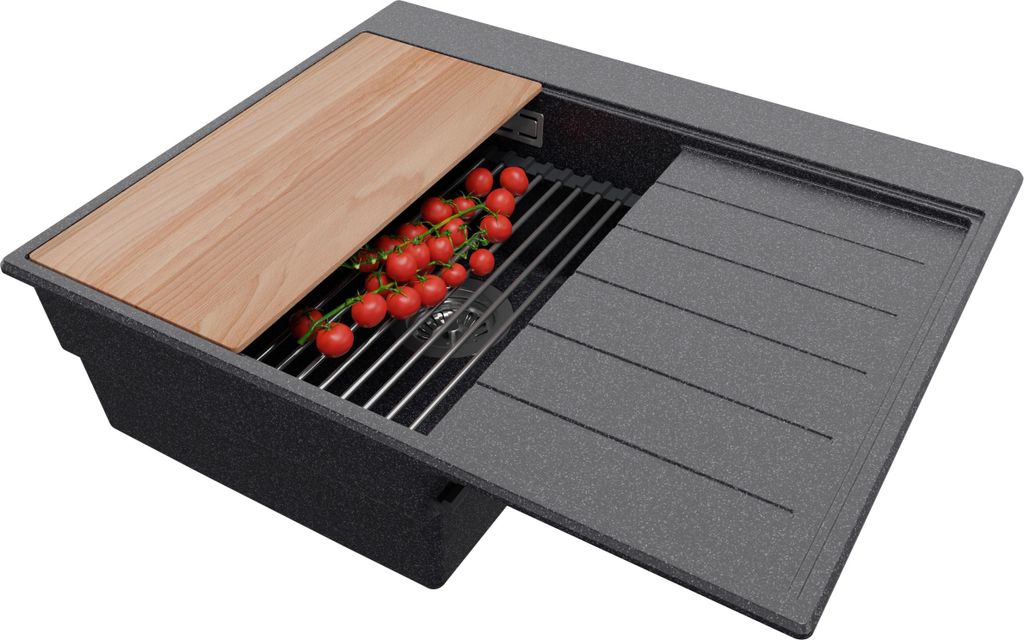 PRIMAGRAN Spülbecken Anthrazit 62x50cm, Granitspüle 1 Becken + Ablauf-Set + Küchenzubehörset, Küchenspüle ab 40er Unterschrank - Sydney
