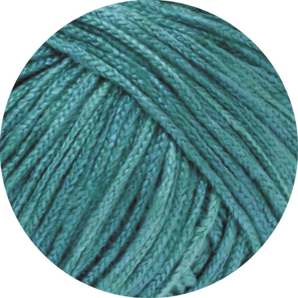 A close-up view of teal-colored yarn.