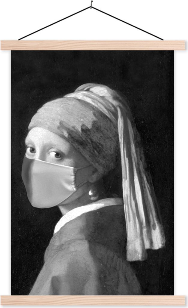 MuchoWow Textilposter Das Mädchen mit dem Perlenohrring und der hellblauen Mundhaube - Gemälde von Johannes Vermeer - schwarz-weiß 60x90 cm mi...