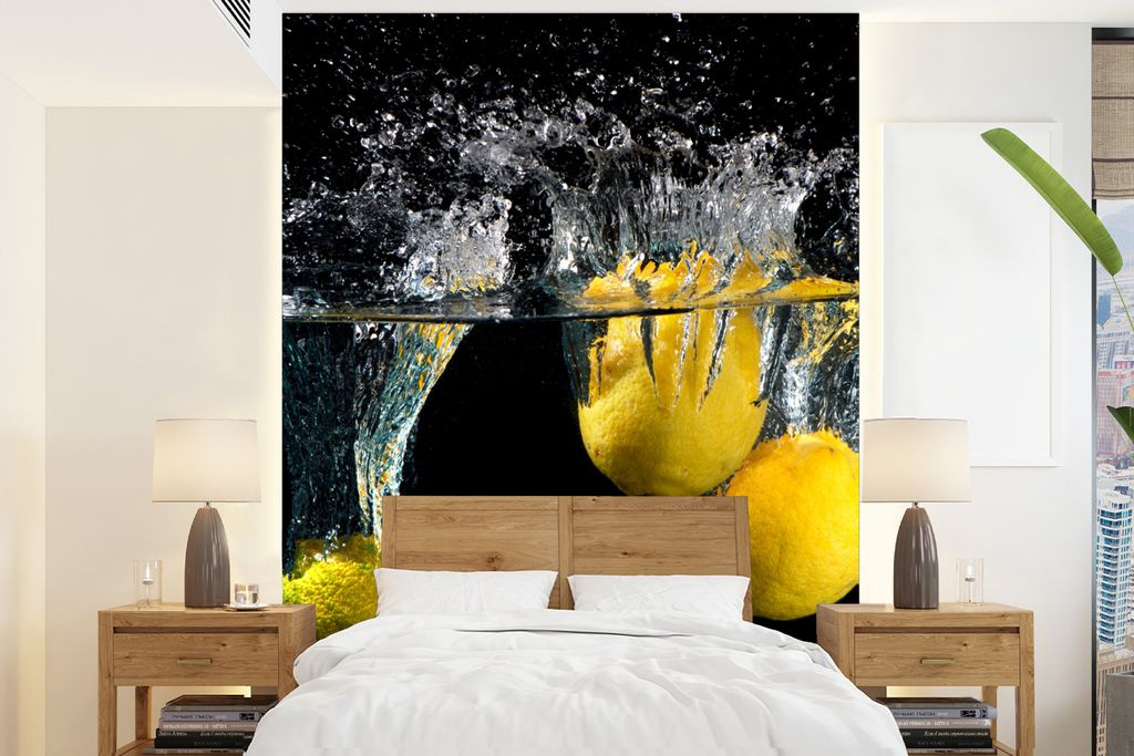 MuchoWow Fototapete für Wohnzimmer oder Schlafzimmer Wandtapete Vinyl Motivtapete Zitrone - Frucht - Stilleben - Wasser - Gelb - 160x220 cm - Bi...