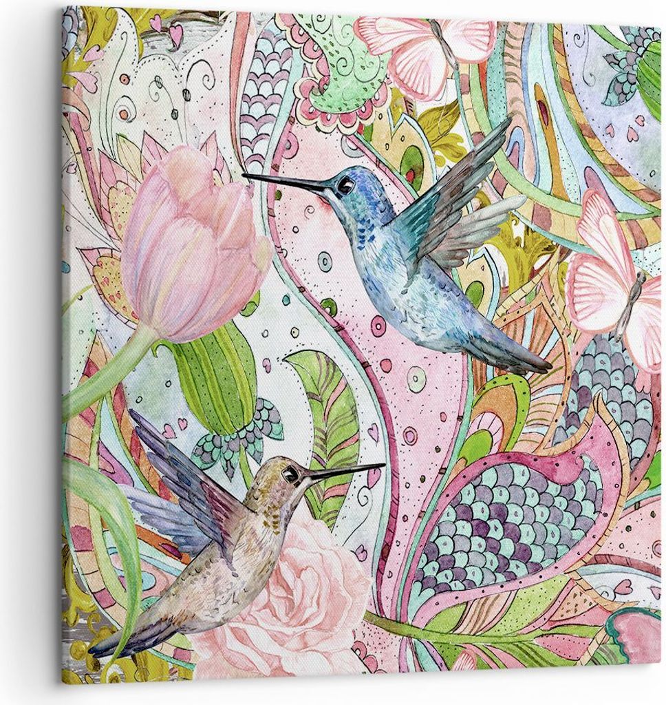 Bild auf Leinwand - Leinwandbild - Vogel Schmetterling Blume - 50x50cm - Wand Bild - Wanddeko - Leinwanddruck - Bilder - Kunstdruck - Wanddekoratio...